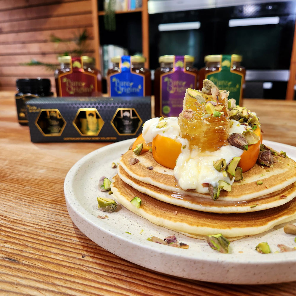 Pure Origins - Pancakes with Honeycomb, Persimmon and Pistachios Recipe