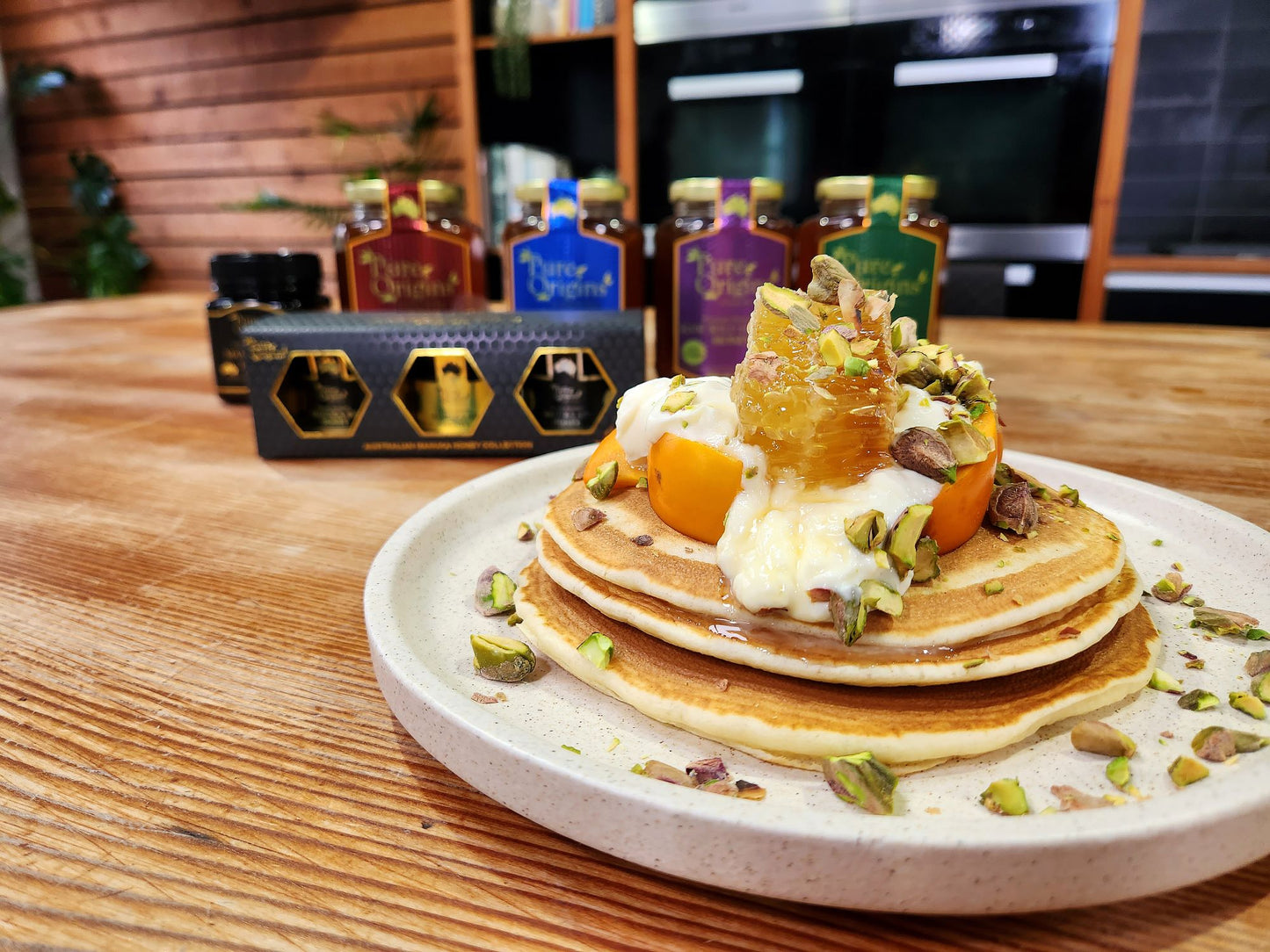 Pure Origins - Pancakes with Honeycomb, Persimmon and Pistachios Recipe